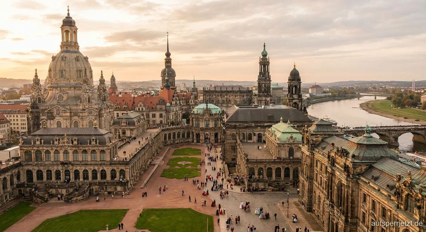 Zwinger Palast in Dresden mit Kronentor bei goldenem Abendlicht