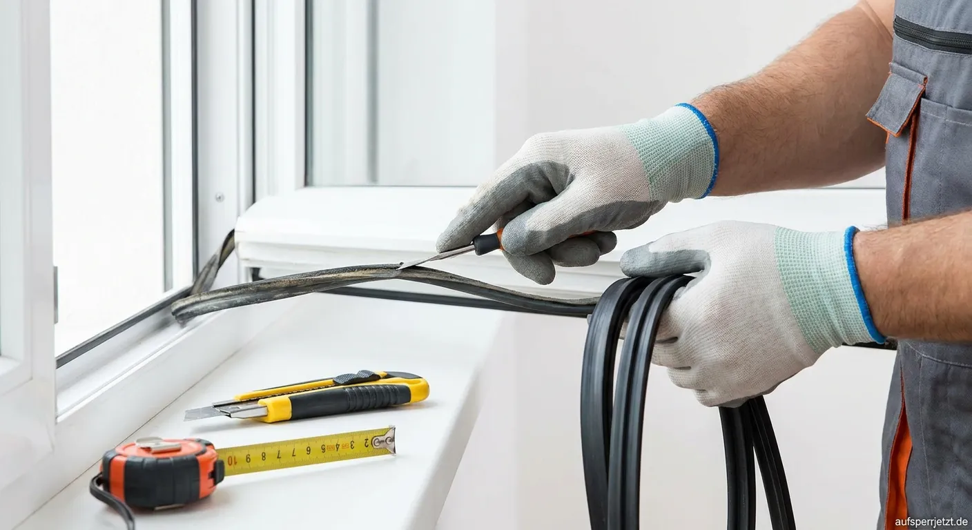 Verschlissene schwarze Fensterdichtung an einem weißen Kunststofffensterrahmen