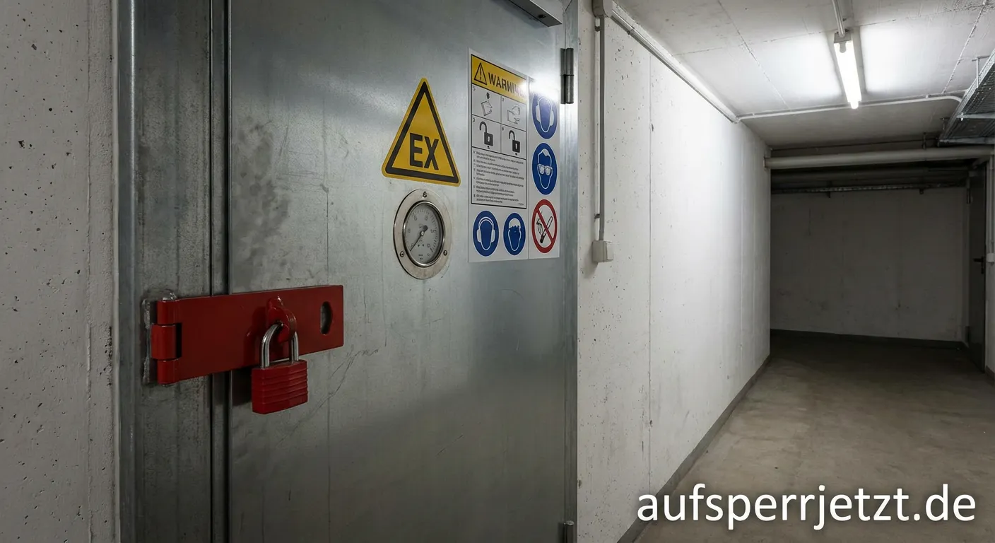 Verschlossene Stahltür eines Gasraums mit gelbem Warnschild