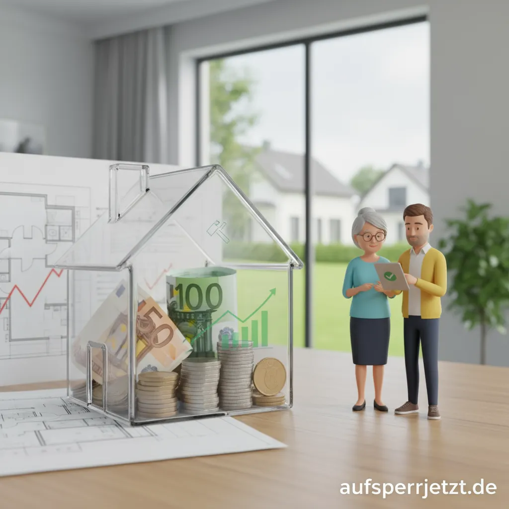 Ein Sparschwein steht vor einem modernen Mehrfamilienhaus als Symbol für die Instandhaltungsrücklage.