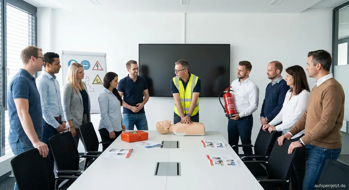 Gruppe von Mitarbeitern bei einer Notfallschulung im Besprechungsraum