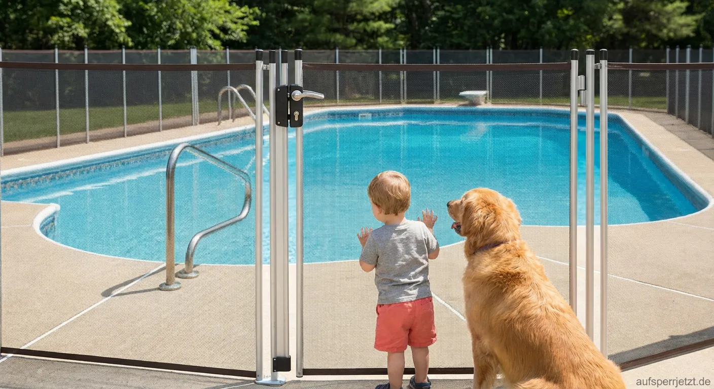 Kindersicheres Schloss an einem hölzernen Pooltor im Garten
