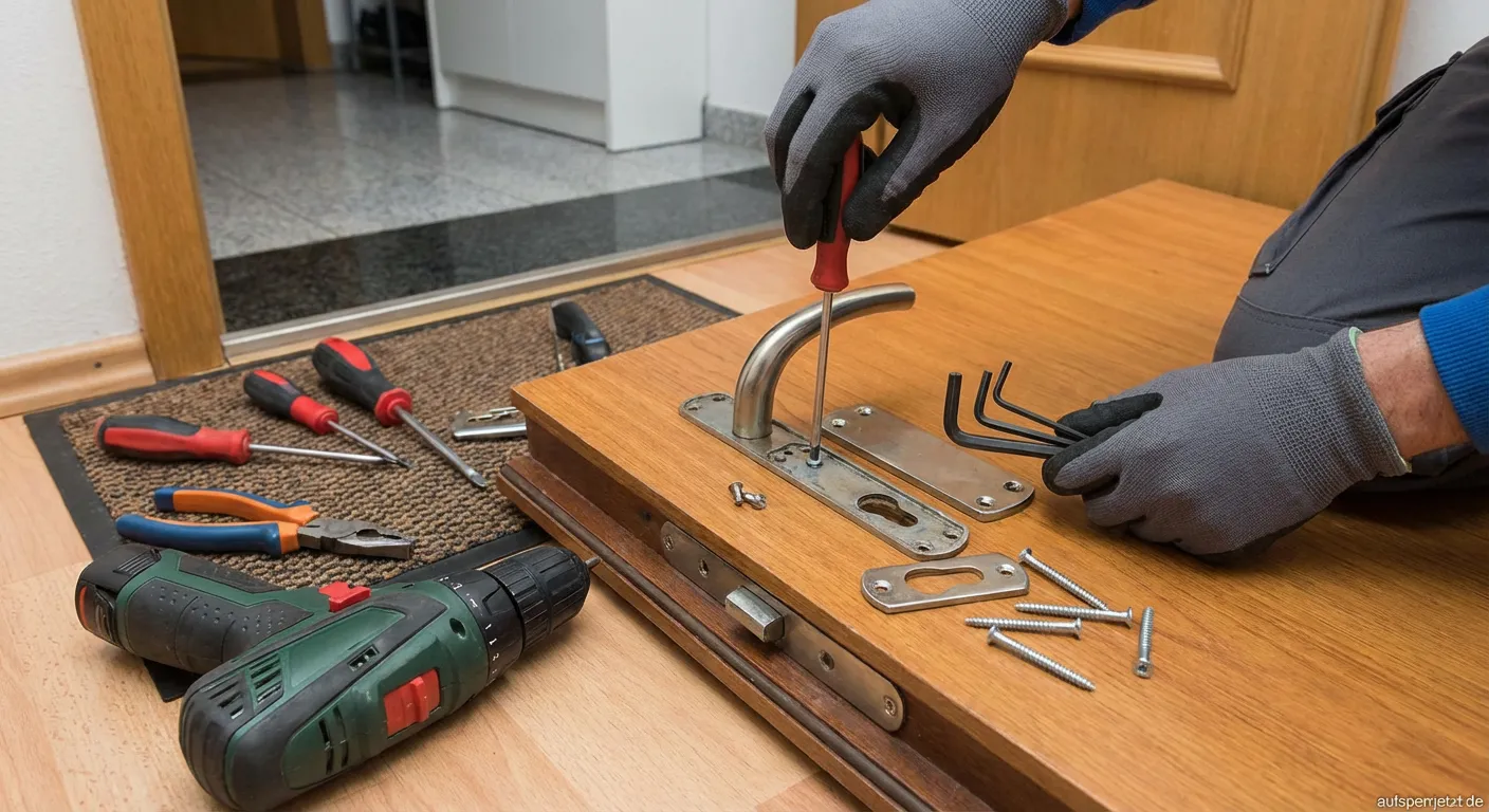 Werkzeug und demontierter Sicherheitsbeschlag auf einer Werkbank