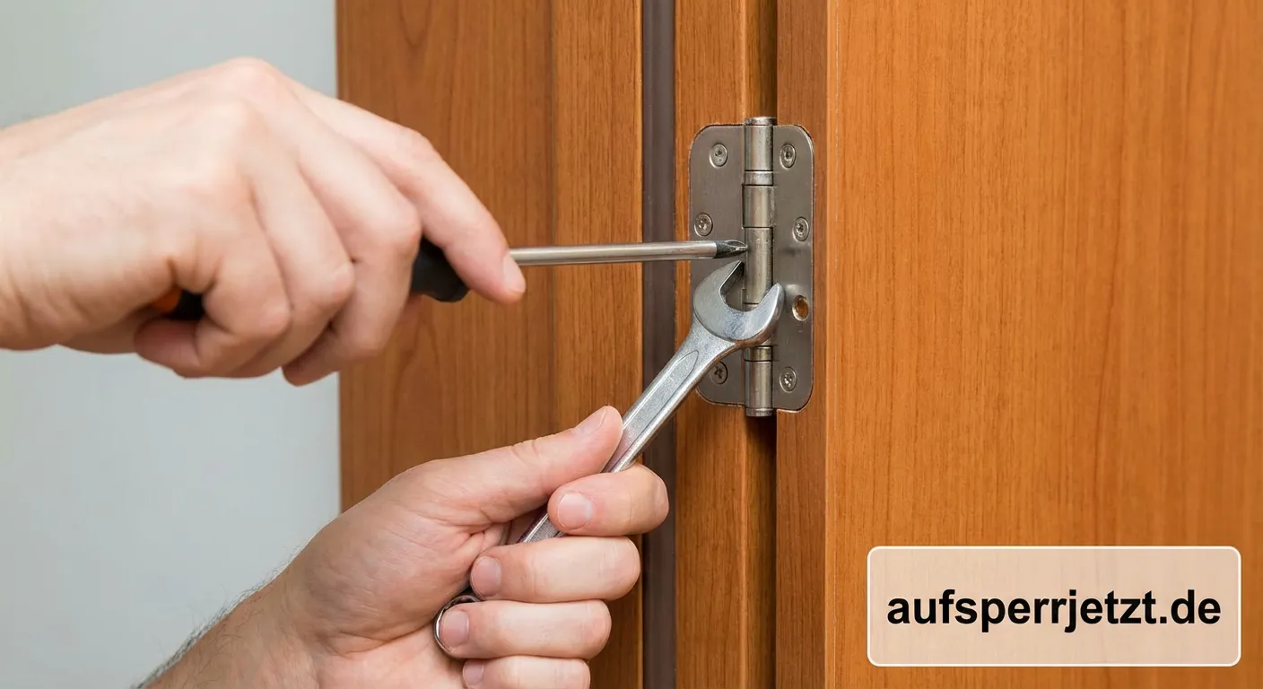 Handwerker stellt mit Inbusschlüssel den Türspalt an einem Scharnier ein