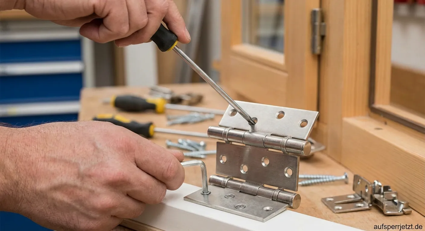 Person stellt Türband mit Werkzeug professionell ein
