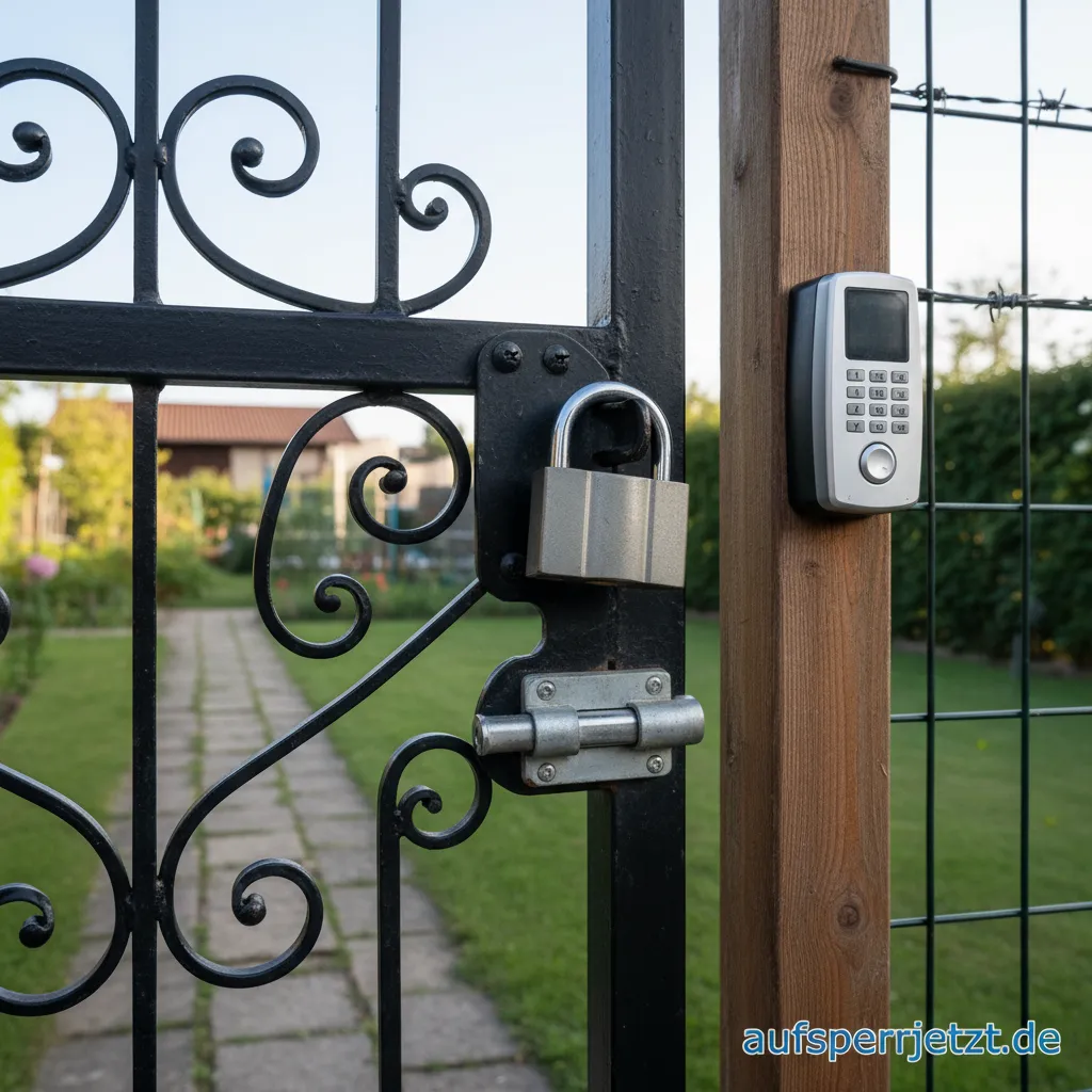 Ein modernes Gartentor aus Metall, das sicher verriegelt ist.